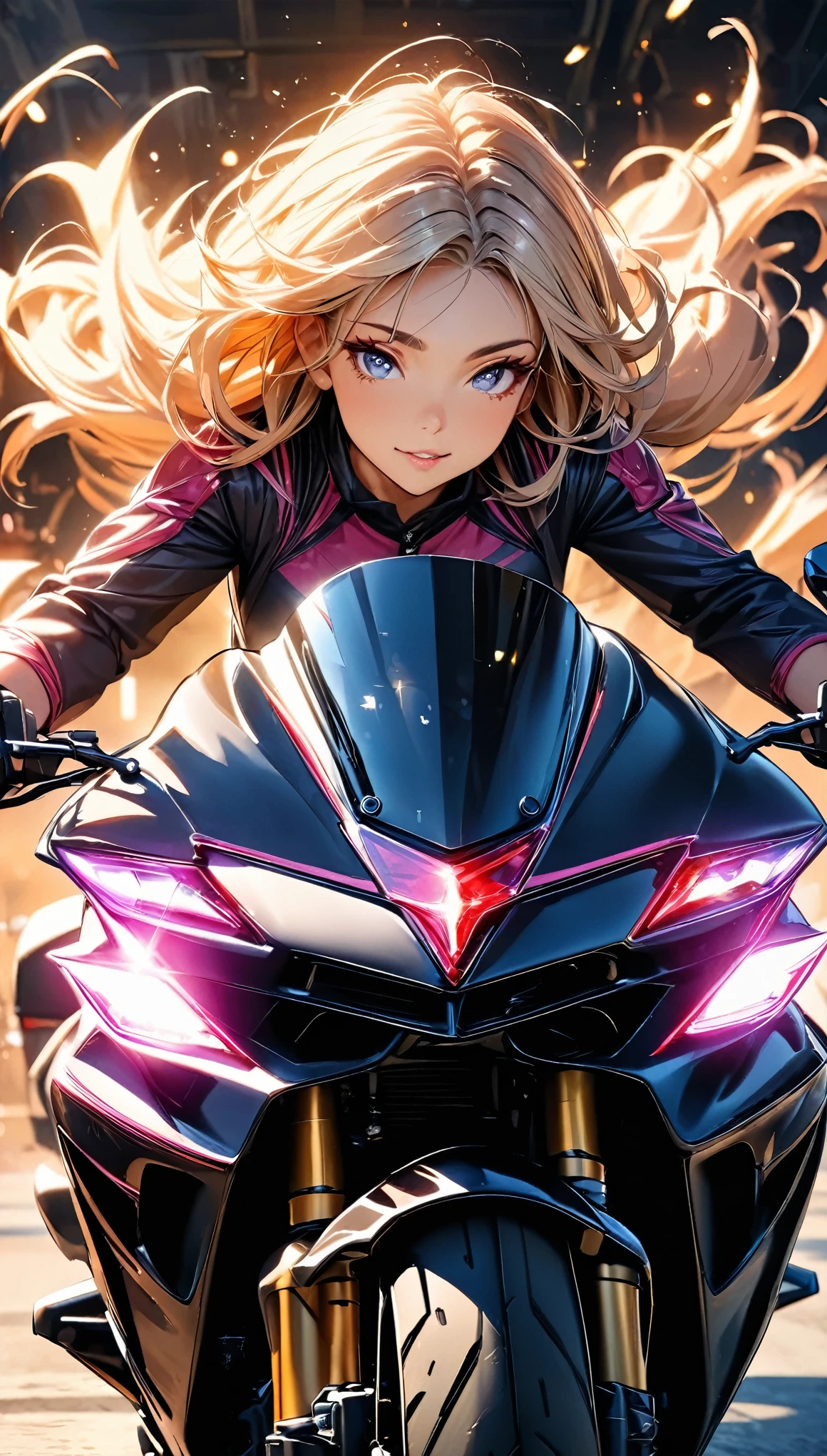 Beautiful attention to detail, Beautiful lip detail, 1 female, Woman on motorcycle, Sparkle in the eyes, Perfect hands(Five fingers), perfect body, Beautiful Hair, Shiny Hair, Beautiful Skin, Detailed face and eyes, Glossy Lips, ((Detailed Motorcycle, Studio Lighting, Vibrant colors, Dynamic pose)), Motion Blur, Dramatic lighting, Cinematic, amazing, heroic, (Highest quality:1.2, Very detailed, Ultra-high resolution, High Detail, masterpiece:1.2, Highest quality, Best aesthetics)