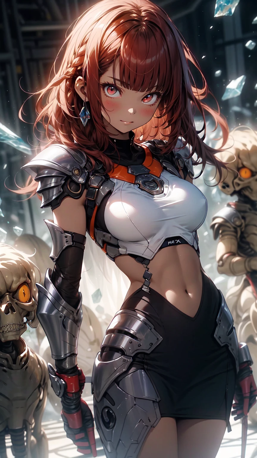 Be realistic,(masterpiece,Highest quality,Highest quality,Very detailed,Fractal Art,Most detailed,(Abstract background:1.5)(1 Girl),Kamimei,(Hair length),( puppet, Red Eyes, Pale skin, Red Hair, Long Hair, Blunt bangs, Braid,Big Breasts、Toned Abs,Stunned)、crystallization,Swimsuit、Sexy、Machine Armor、Sunburned skin、(Black pencil skirt)