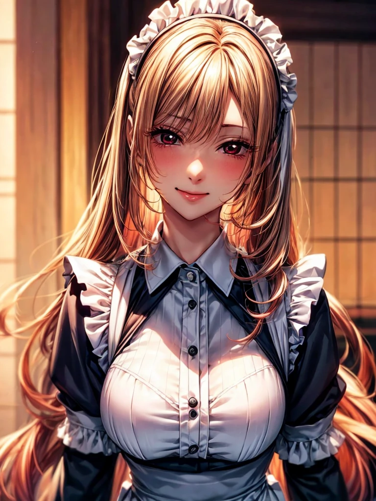 (masterpiece:1.2), (Best quality at best:1.2), perfect eyes, perfect face, 1 Girl, Alone, 8K, Best Quality, large breast,(Detailed description of hair), (Detailed description of face),(Detailed description of body), fair and clear skin, matchless beauty, long legged, facing the audience, professional photographic lighting, kitagawa Marin, blonde long hair gradient to pink hair, red eyeball, Japanese style maid costume, girlfriend ssmile, Japanese traditional doll-like Outfit