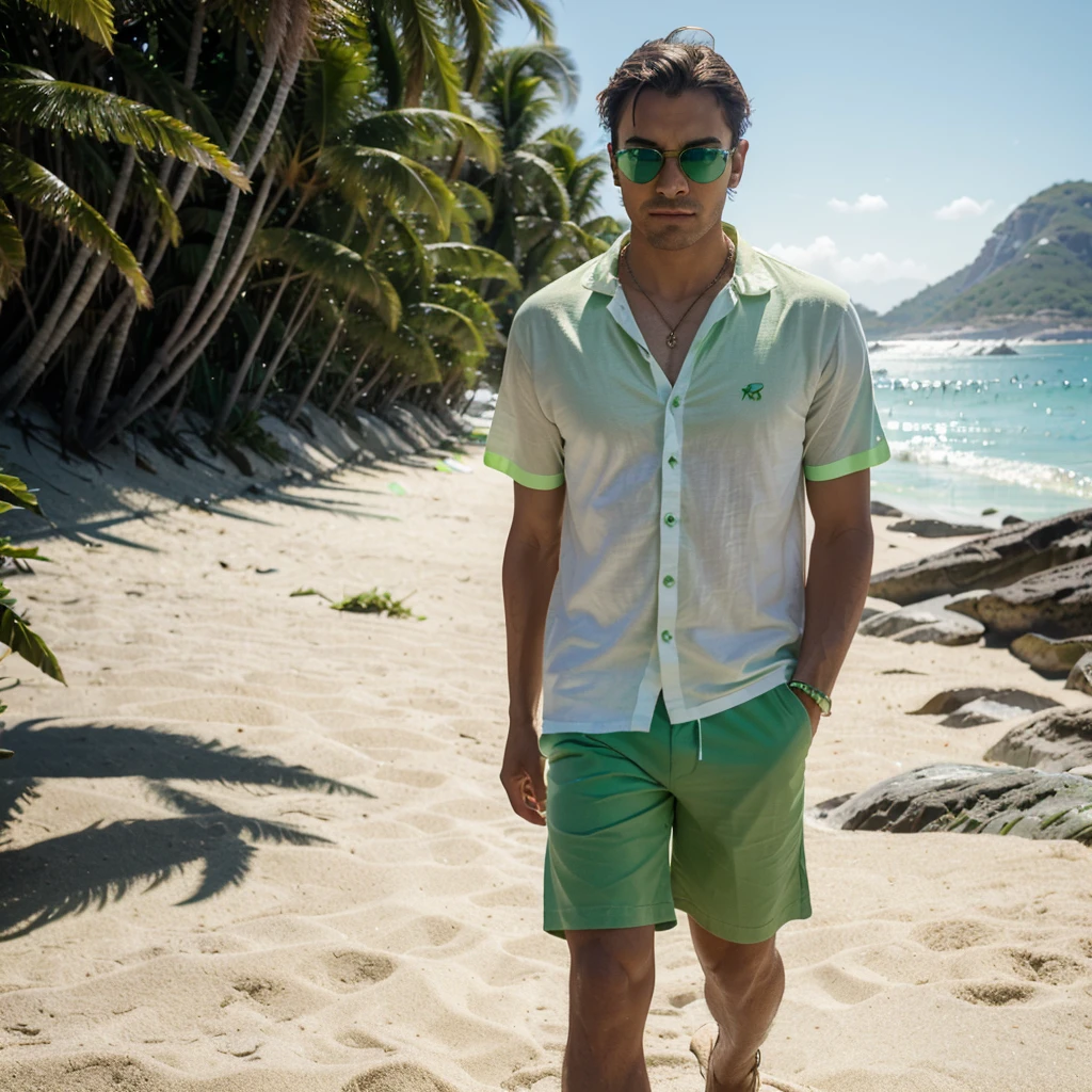 A stylish boy wearing casual clothes walking on the beach. He wears a light, light linen shirt, combinada com shorts de cor neutra. on the feet, he wears comfortable leather sandals. The boy also wears a pair of sunglasses with green lenses on a black background, tons verdes, sports glasses, original, green neon, aurora green, green tint, green aura, polarized sports sunglasses, gradient light green, hyper, Ultra Viewing Angle, artistic representation, multilayer, green glow, cascadiano, green crystal, neon sunglasses!, dynamic, white blue green gradient, which adds a modern touch to your look. The background is a sunny beach with golden sand and the blue sea in the background, reflecting a relaxing summer day.