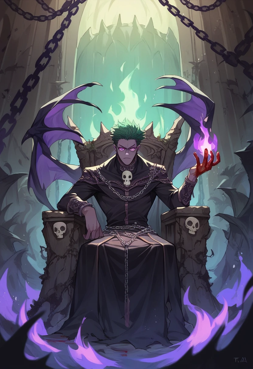 male, hell, purple flame, purple flame hand, skull, chain, tatoo, bats, bone, devil, blood, glowing eyes, purple eyes, dark green hair, throne, emperor dark outfit