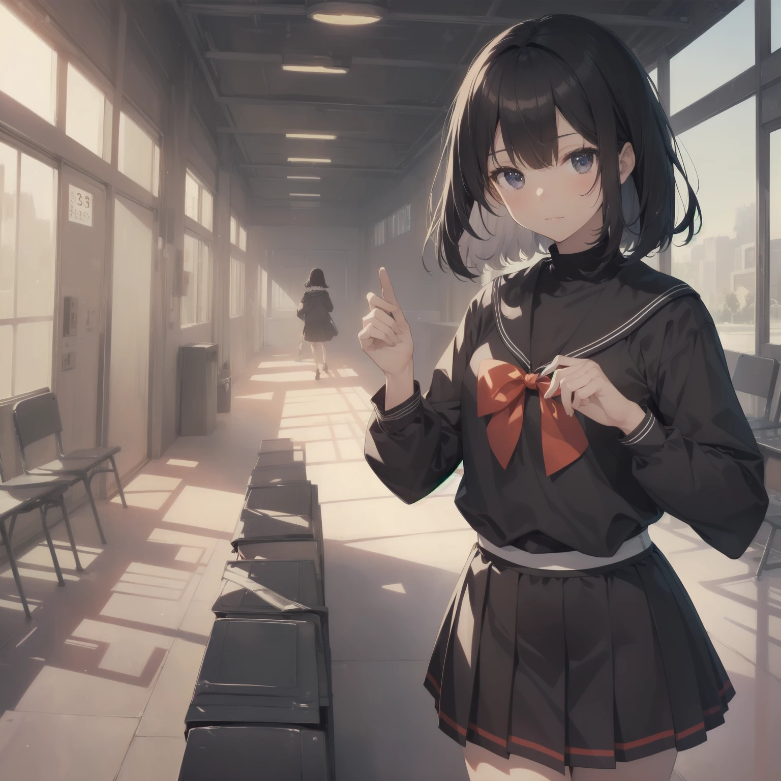 ultra-absurdres-Top quality by artist God, ultra-detailed, high resolution, anime moe artstyle, best anime 8k konachan wallpaper, pixiv contest winner, pool:2810, perfect ???????,break, 1girl, (Please draw a girl walking sleepily to school alone. )break,(Solo,little female, 13-year-old:1.3),Full limbs, complete fingers,a junior high school student, (very short hair), short cut, flat chest, , small butt, small black eyes, beautiful detailed eyes, well-proportioned iris and pupils, expressive eyes, highres detailed hair, soft expression, salor school_uniform, sailor collar, serahuku, bow, pleated skirt,(Detailed Lighting), (Detailed background), in the School commute route. break,super detailed skin, Best cinematic lighting powered by famous artist, 8k,beauty illustration,photoshop_(medium),very aesthetic,break,((artist:toosaka_asagi )), artist:clamp ,artist:carnelian ,artist:kantoku ,
