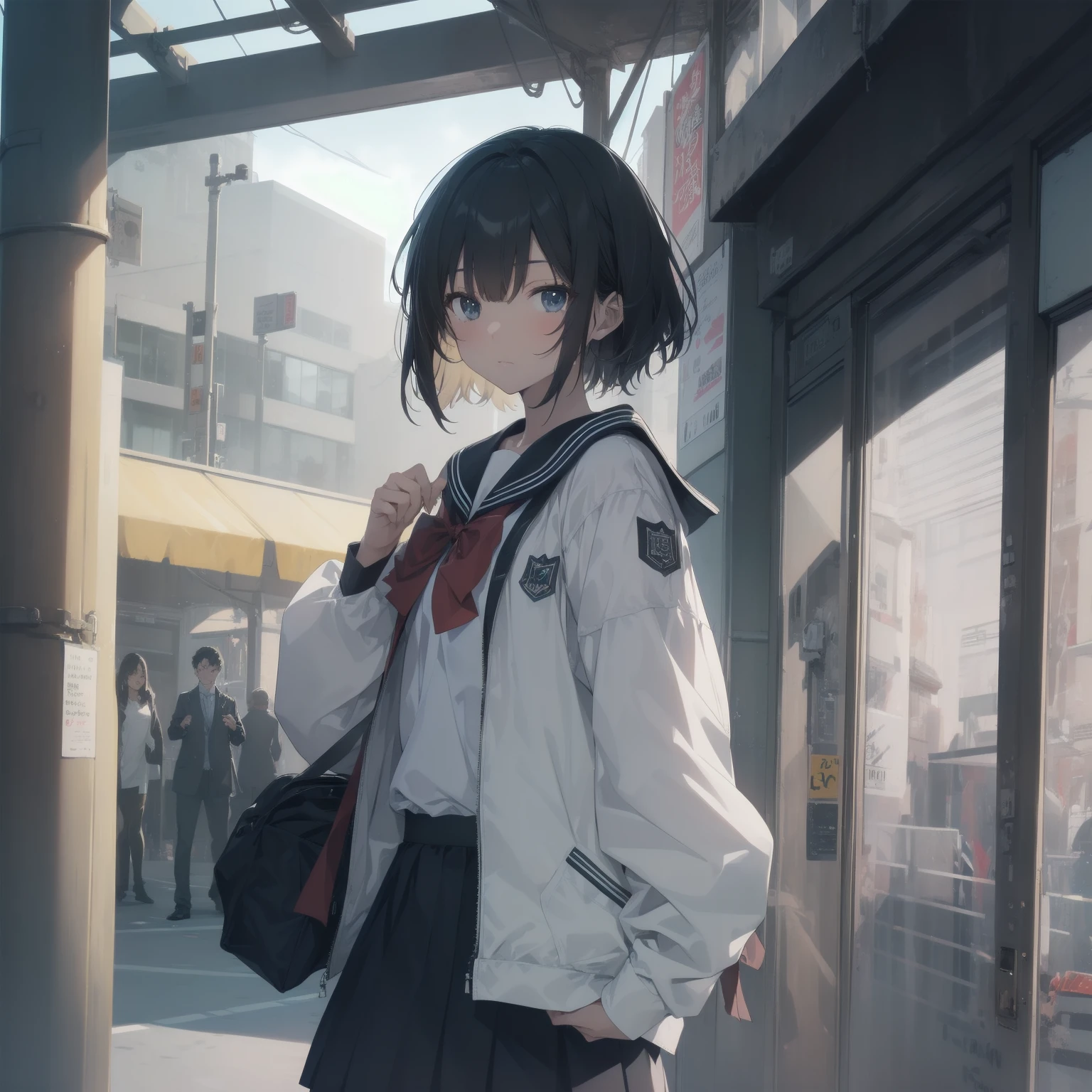 ultra-absurdres-Top quality by artist God, ultra-detailed, high resolution, anime moe artstyle, best anime 8k konachan wallpaper, pixiv contest winner, pool:2810, perfect anatomy,break, 1girl, (Please draw a girl walking sleepily to school alone. )break,(Solo,little female, 13-year-old:1.3),Full limbs, complete fingers,a junior high school student, (very short hair), short cut, flat chest, , small butt, small black eyes, beautiful detailed eyes, well-proportioned iris and pupils, expressive eyes, highres detailed hair, soft expression, salor school_uniform, sailor collar, serahuku, bow, pleated skirt,(Detailed Lighting), (Detailed background), in the School commute route. break,super detailed skin, Best cinematic lighting powered by famous artist, 8k,beauty illustration,photoshop_(medium),very aesthetic,break,((artist:toosaka_asagi )), artist:clamp ,artist:carnelian ,artist:kantoku ,
