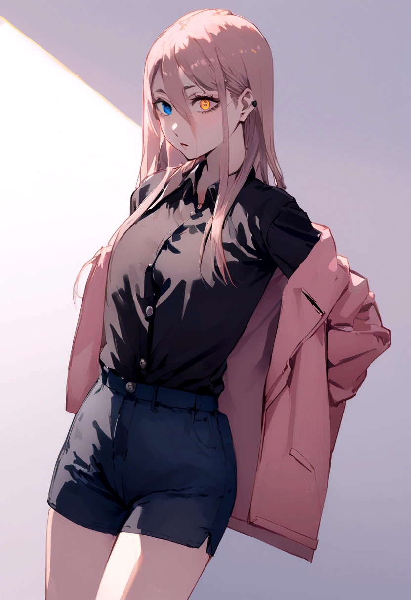 Cyberpunk, Girl, 1girl, Beautiful lady in office black shirt with buttons and shorts, office like longer pink coat, long pink hair, Multi-colored hair, multi-colored eyes, heterochromia, tall, thin, beautiful lady, perfect body, slim, blueeyes, office suit, elongated, Prominent Jaw, Thin girl, skinny girl, perfect skinny girl, teen, 16 years old