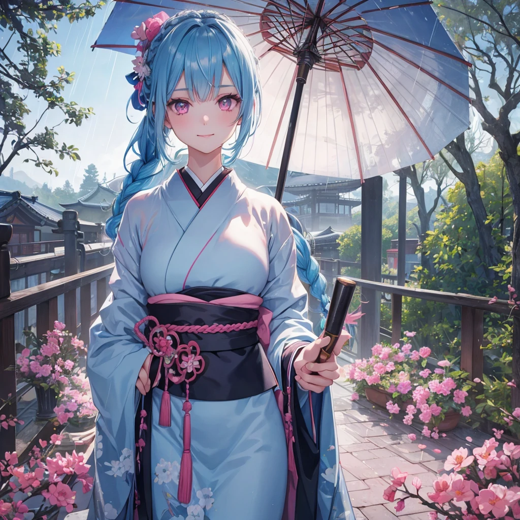 Sky blue hair, (Braided Ponytail),(Pink Eyes),Fair skin ,(whole body),(1 Girl),smile,Straight bangs,(masterpiece, Highest quality, Super detailed, Best Shadow), (Detailed Background), (Beautifully detailed face), High Contrast, (Best lighting, Very delicate and beautiful), ((Cinematic Light)), colorful, Hyper Detail, Dramatic Light, Intricate details,rain like shower,Kyoto,Japanese Umbrella,kimono,