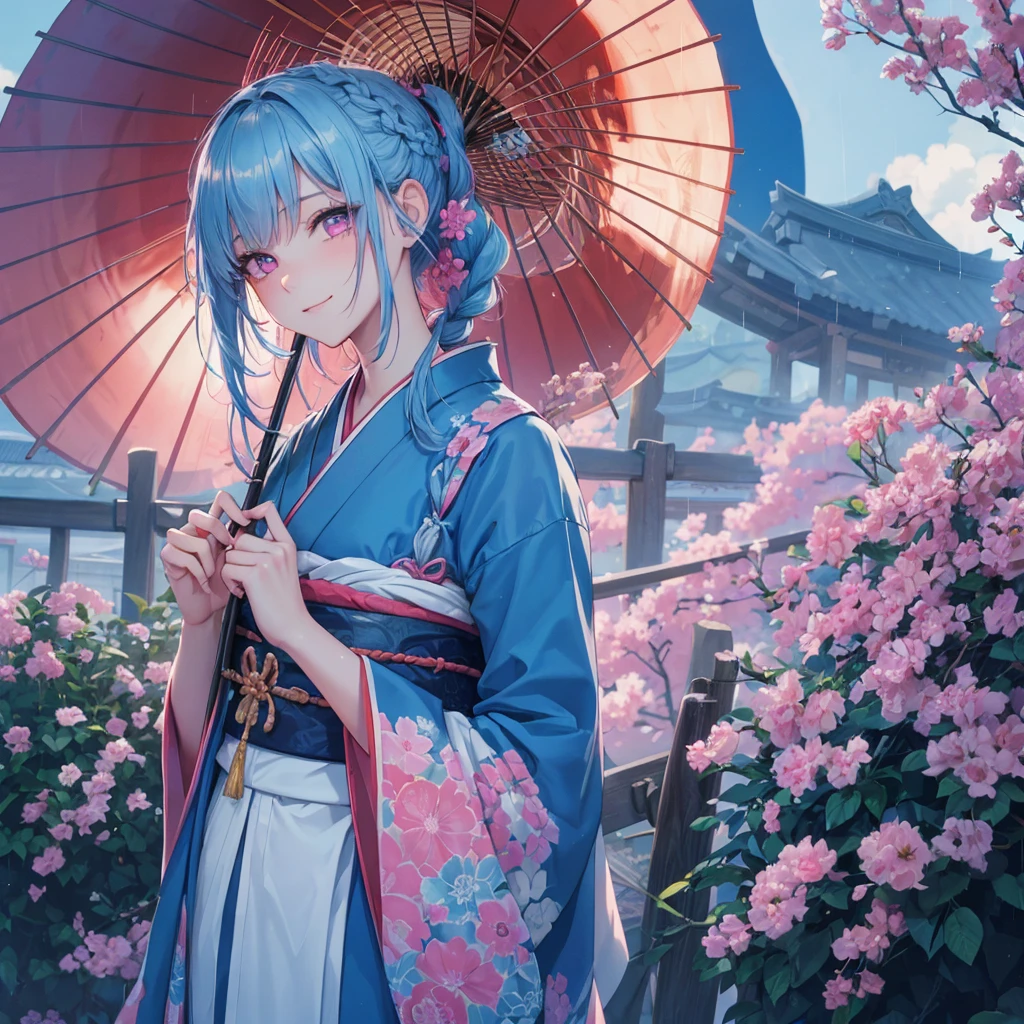 Sky blue hair, (Braided Ponytail),(Pink Eyes),Fair skin ,(whole body),(1 Girl),smile,Straight bangs,(masterpiece, Highest quality, Super detailed, Best Shadow), (Detailed Background), (Beautifully detailed face), High Contrast, (Best lighting, Very delicate and beautiful), ((Cinematic Light)), colorful, Hyper Detail, Dramatic Light, Intricate details,rain like shower,Kyoto,Japanese Umbrella,kimono,