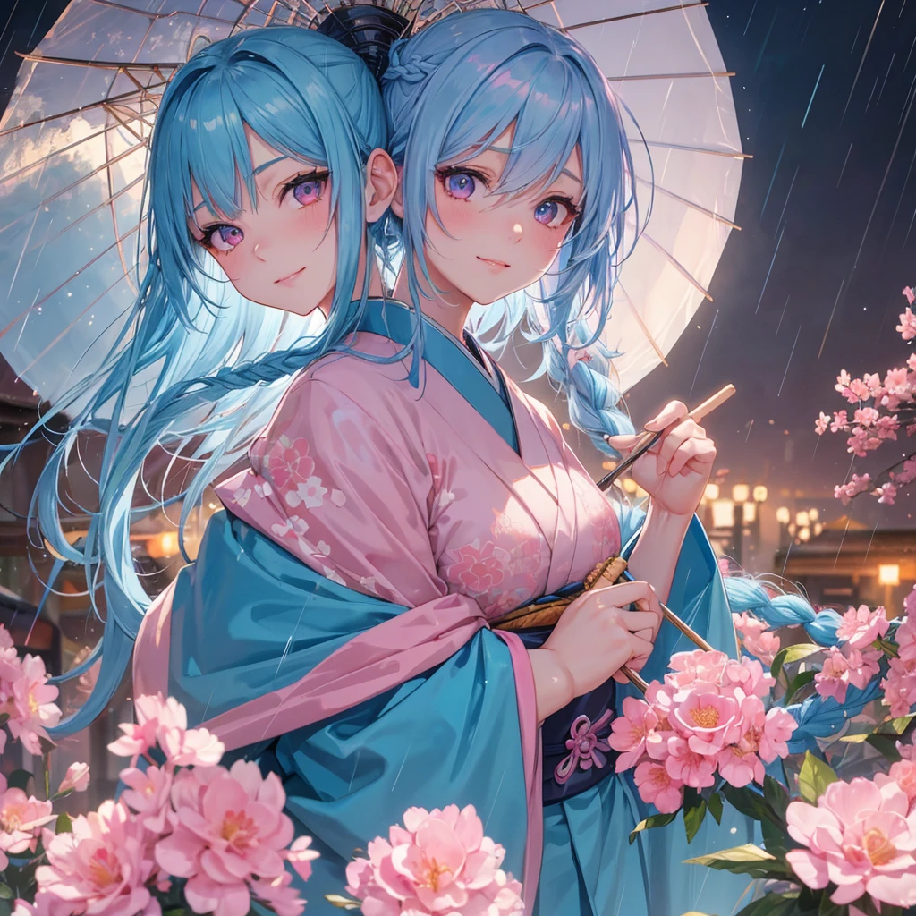 Sky blue hair, (Braided Ponytail),(Pink Eyes),Fair skin ,(whole body),(1 Girl),smile,Straight bangs,(masterpiece, Highest quality, Super detailed, Best Shadow), (Detailed Background), (Beautifully detailed face), High Contrast, (Best lighting, Very delicate and beautiful), ((Cinematic Light)), colorful, Hyper Detail, Dramatic Light, Intricate details,rain like shower,Kyoto,Japanese Umbrella,kimono,