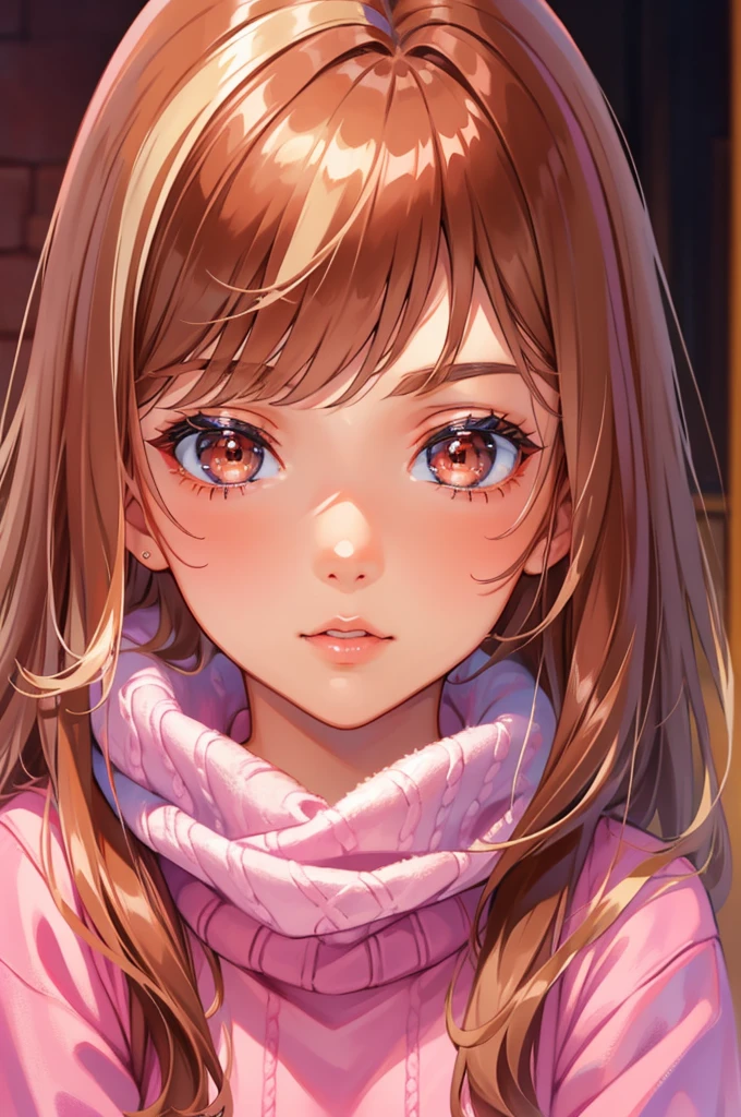 Girl, long brown hair, brown eyes, sharp features, white skin, bright pink lips, sweater