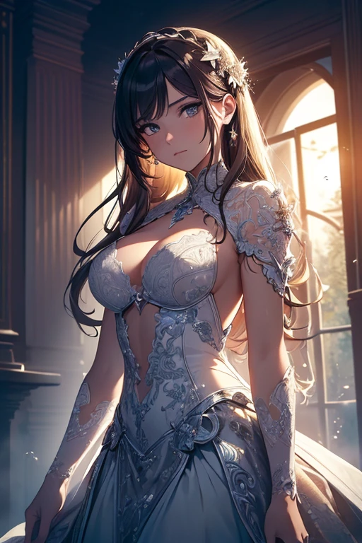 (Masterpiece:1.2), Best Quality, (illustration:1.2), (ultra detailed), hyper details, (delicate detailed), (intricate details), (cinematic light, Best Quality Backlights), Delete line, soloist, perfect body, (1 girl), She was like April sky, Sunrise in her eyes, of light, Shining star, Fire in her heart, Brightest day, Melting snow, Breaking through the chill, (make up), High contrast, (better lighting, an extremely created and beautiful), (cinematic light), showy,