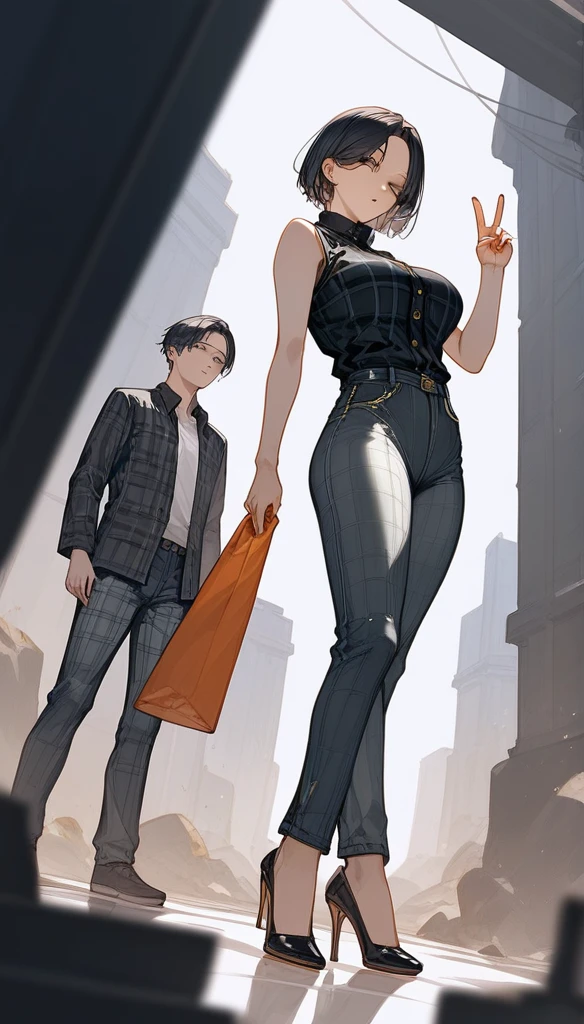 masterpiece, Score_9, Score_8_up, Score_7_up, rear view, 1 woman, alone, dark black hair, very short hair, long parted bangs, gold and orange eyes, half-closed eyes, parted lips, expressionless, pale skin, large breasts, top bodysuit, Basic black sleeveless V-neck shirt, black flannel pants, high heels, long open bangs, with a mole below the mouth, cut-out style (boy), No bangs.