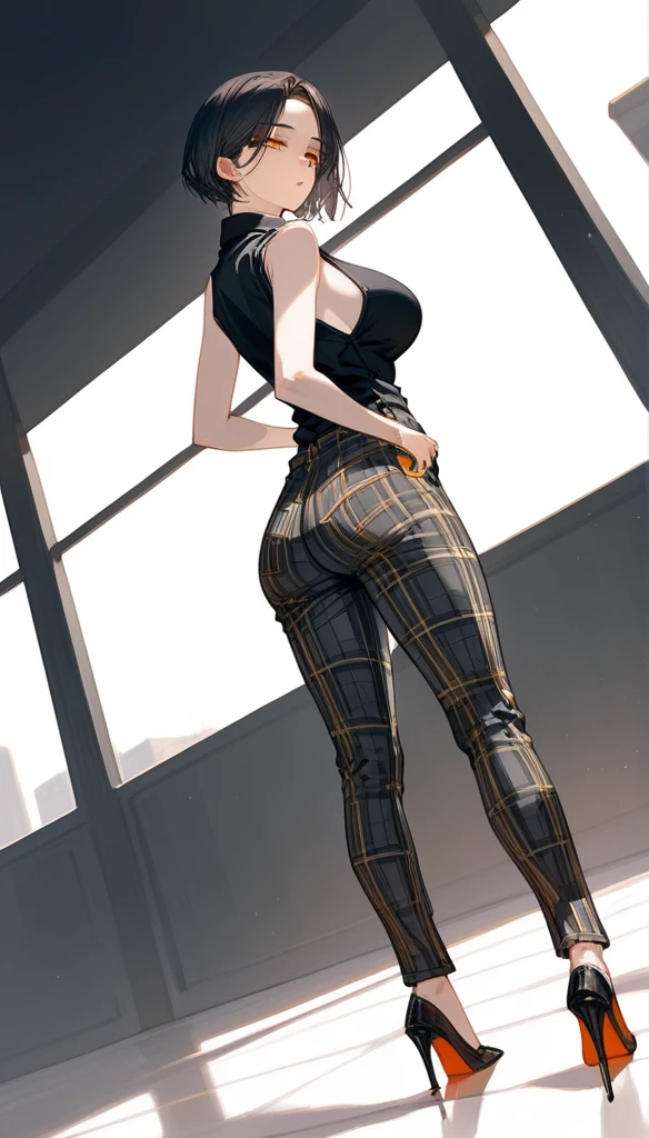 masterpiece, Score_9, Score_8_up, Score_7_up, rear view, 1 woman, alone, dark black hair, very short hair, long parted bangs, gold and orange eyes, half-closed eyes, parted lips, expressionless, pale skin, large breasts, top bodysuit, Basic black sleeveless V-neck shirt, black flannel pants, high heels, long open bangs, with a mole below the mouth, cut-out style (boy), No bangs.