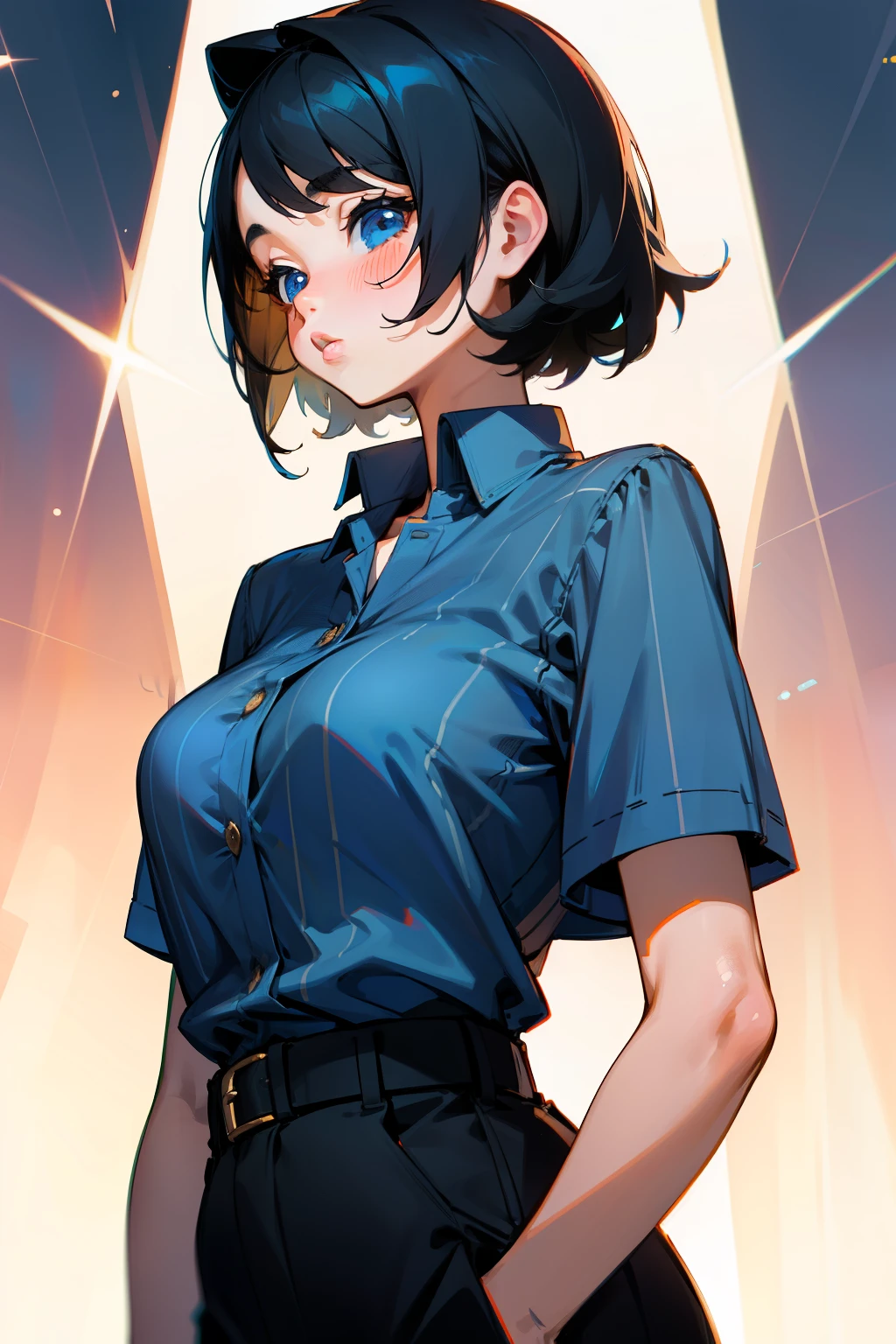 Cute girl, short black hair, blue eyes, rosy cheeks, big lips, blue shirt with soft black stripes with short sleeves, short pants, big breasts