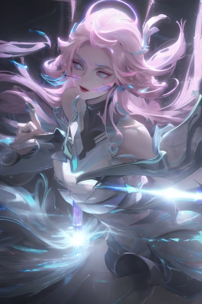 Cyberpunk, Pink Hair, Futurism, Surreal, Ultra wide angle, Wide-angle lens, look up, Dynamic Movement, Expressive, Full of energy, The Sacred Edge, Laser holographic images