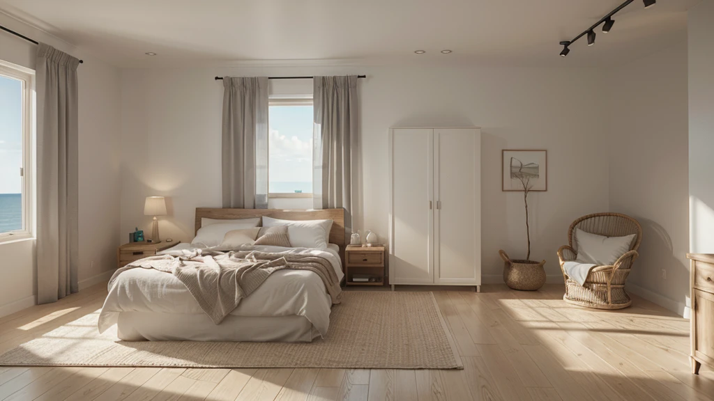 Home mockup, simple cozy Coastal bedroom interior background, 3d render