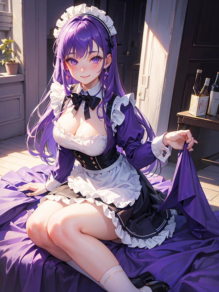 1girl, purple hair, purple eyes, light smile, wearing maid costume, full skirt, close portrait, sitting, close, high res, ultrasharp, 8K, masterpiece, looking at viewer