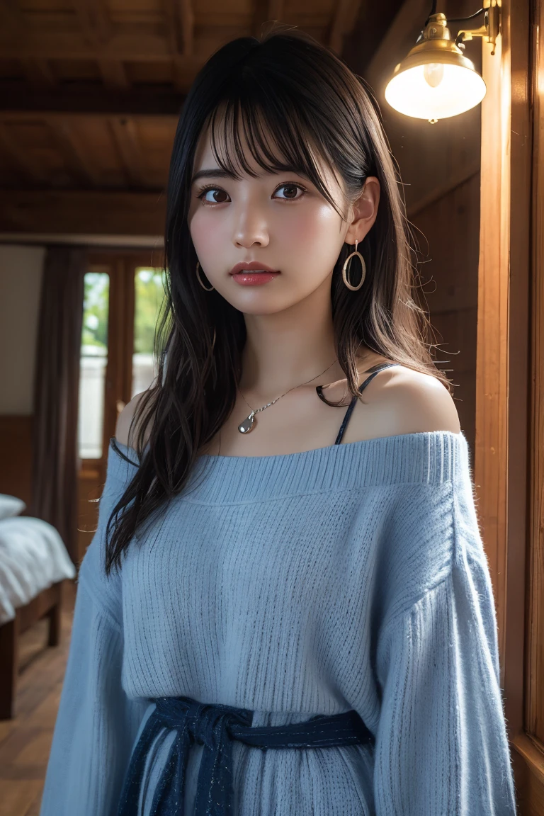 (Highest quality:1.4),(masterpiece:1.4),(Realistic:1.4),(Realistic:1.2),(超High resolution, RAW Photos:1.4),(High resolution, Ultra-detailed:1.2),(8K:1.2),View your viewers,Cinematic photography,One girl,skeletally correct,Black-haired woman,(Small earrings,necklace,Light blue summer knitwear,Exposing shoulders,View from the front),(Western-style building interior,Dimly lit room,The lamplight shines on my cheeks)
