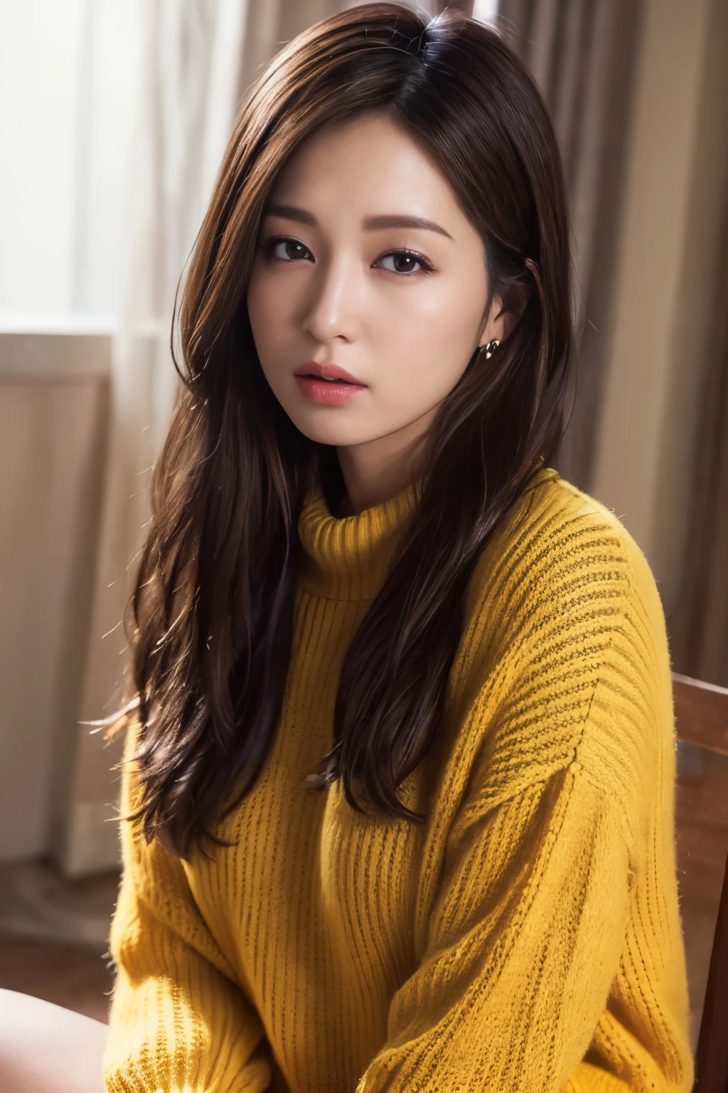 Very detailed CG Unity 8k 壁紙, Highest quality, Very detailed, masterpiece, Realistic, photo Realistic, (whole body:1.2), Very detailed cute girl, Age 25, , Sitting,Wearing only an oversized fluffy sweater, Earrings, (amount, Long Hair), Soft lighting, Wind, Shiny skin, View your viewers