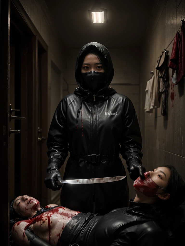 korean girl, (behind corpse, surgical mask), multiple girls, holding knife, stabbing, black raincoat, leather gloves, hood up, room full of blood, black wet suit, holding knife, leather gloves, behind corpse, blood splatter, short hair, night, mass murderer, robbery, in the house, dark atmosphere, cinematic lighting, atmospheric realistic,