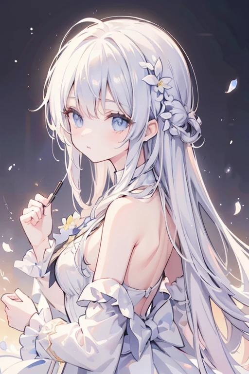 (Best quality, detailed background, high resolution, absurd, blooming, messy hair, shiny hair, exposed to light, bright pupils), masterpiece, superlative, night full moon, 1 girl, mature woman, blue eyes, sister, royal sister, cold face expressionless silver-white long-haired woman, light pink lips, calm and intellectual three-band gray pupil assassin short knife, flower, hand details, facial details, delicate makeup, golden dress