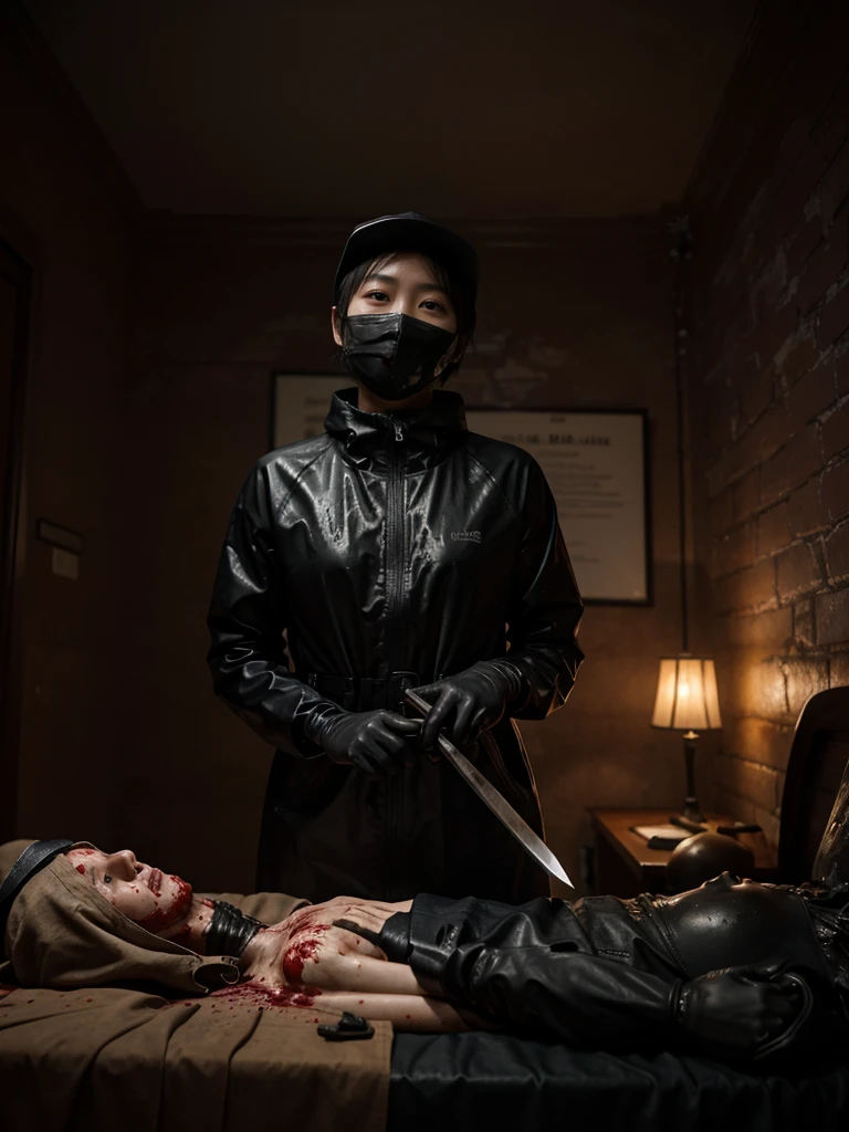 korean girl, (behind corpse, blood splatter), surgical mask, holding knife, stabbing, black raincoat, leather gloves, trucker hat, room full of blood, black wet suit, short hair, holding knife, leather gloves, behind corpse, night, mass murderer, robbery, in the hotel, dark atmosphere, cinematic lighting, atmospheric realistic,
