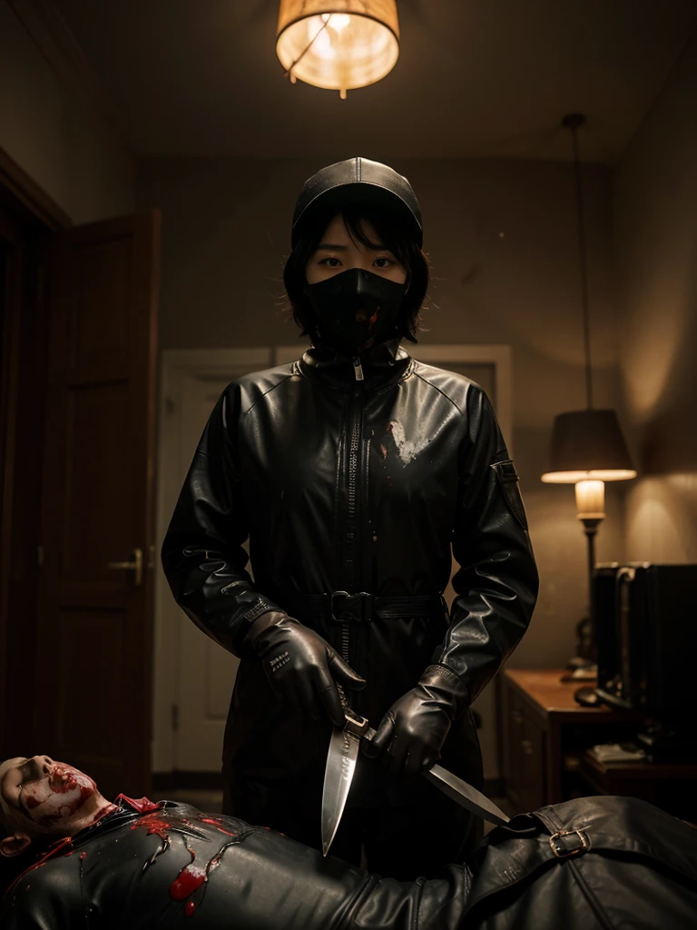korean girl, (behind corpse, blood splatter), surgical mask, holding knife, stabbing, black raincoat, leather gloves, trucker hat, room full of blood, black wet suit, short hair, holding knife, leather gloves, behind corpse, night, mass murderer, robbery, in the hotel, dark atmosphere, cinematic lighting, atmospheric realistic,