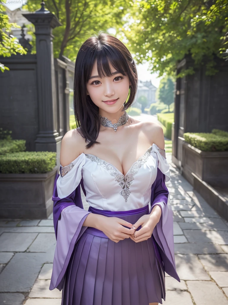 a beautiful japanese girl, very cute high school girl assassin, detailed portrait of innocent 16 year old virgin,  in front of a lord's manor at the main entrance, (off-shoulder silver breastplate, purple slit long skirt, purple arm cover:1.1),((full body, standing)), (coy demonic smile, white teeth, open mouth), blushing, fidgeting hands, translucent skin, hands clasped in front, small breasts, cleavage, beautiful legs, glossy straight medium black hair, asymmetrical bangs, greeting, ((best quality, 4k, 8k, highres, masterpiece, ultra-detailed, realistic, photorealistic, photo-realistic, intricate detail, highly realistic:1.3)), dramatic lighting, muted color palette, cinematic composition, emotional portrait