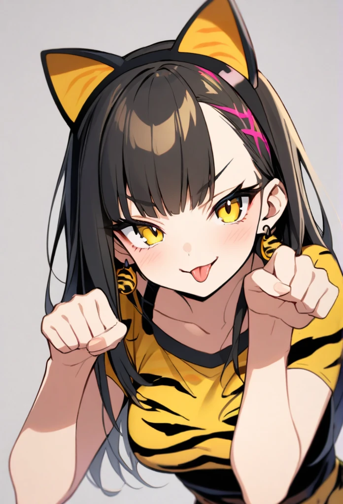 Yellow and black, Tiger pattern, tongue, Gal, Earrings, Tattoo, Cat Pose