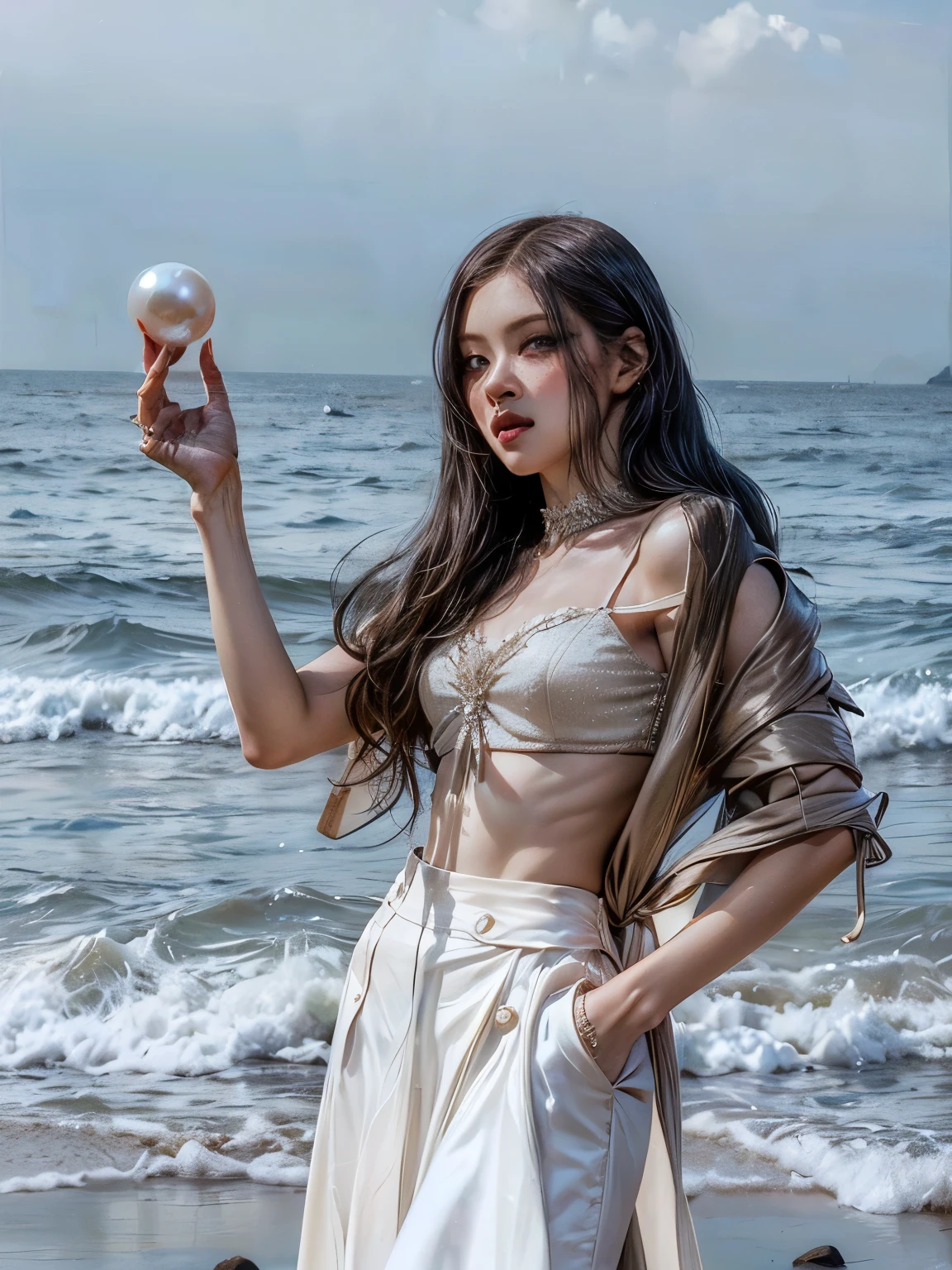 ((dark fantasy)), ((wavy hair, pale skin),((light blue eyes)), freckles, warm light,( 16 years old),busty,Glamour,Gorgeous,monochromes,erotic posing,Dynamic Posing,Arrange Pose,Dramatic,Cinematic,Detailed background, Dynamic Angle,From the angle of the film,Gothic background, Dark fantastic view,Best Quality,masutepiece,8K,The ultimate detailed dark background, Top image quality、RAW photography、超A high resolution,cropped shoulders, overall look is very erotic、Shot for one person only, model shoot, Large round chest, Beautiful Eyes of Details、Very slender eyes、Beautiful eyelashes、Very slim physique, with blush cheeks,Pearl Beaded Bralet Top, ((pearl top)), opal pearl in hand