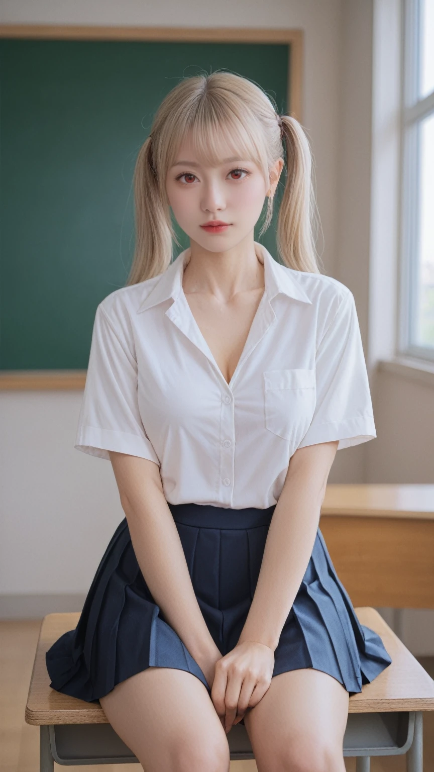 Hyperrealistic photograph,score_9, score_8_up, score_7_up, BREAK,
 In a masterpiece setting, a single lady is depicted in a classroom during the day. She is sitting, dressed in a school uniform, with her blonde hair styled in twin tails and striking red eyes. Her collarbone is exposed, and she has dark skin. The image captures her in a moment of openness, with her breasts subtly revealed, adding a unique and bold element to the composition.