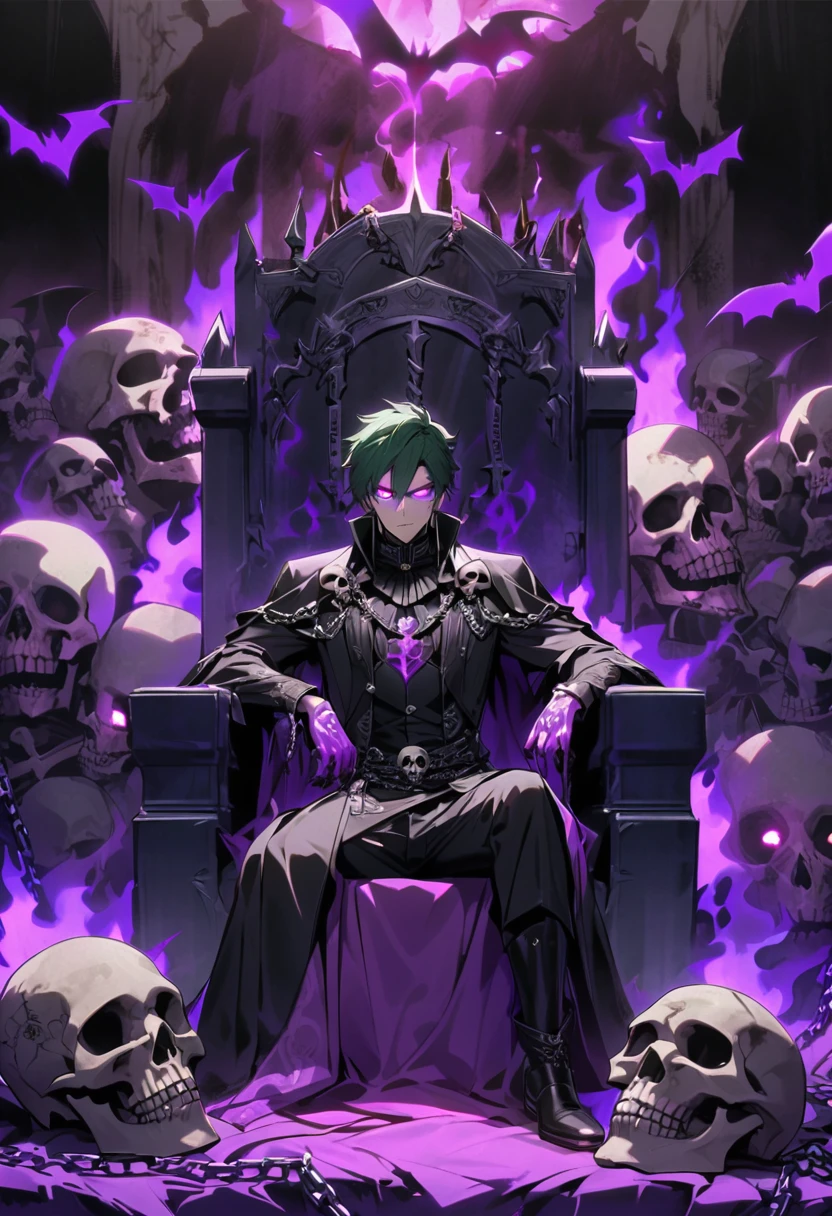 male, hell, purple flame, purple flame hand, skull, chain, tatoo, bats, bone, devil, blood, glowing eyes, purple eyes, dark green hair, throne, emperor dark outfit