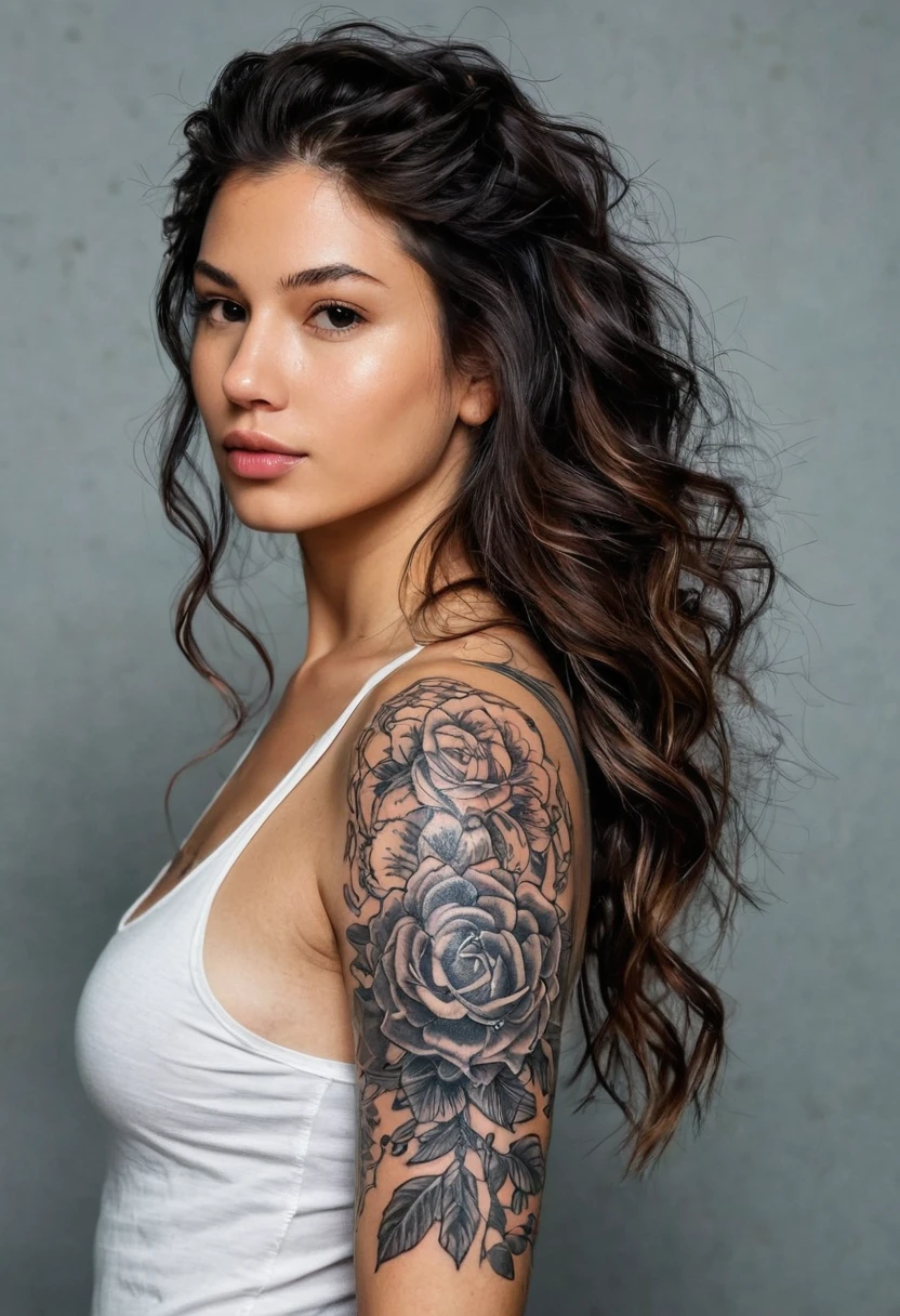 um close up de uma mulher com cabelos longos e desarrumados, messy hair and a tattoo on his arm, morena com cabelos tingidos de loiro, com tatuagens, tatuado, tattoo sleeve on her right arm, Anna Nikonova aka Newmilky, tatuado, Angelina Stroganova, Marischa Becker, Garota sexy, Angie Glock, modelo do instagram, Kaitlyn Michelle Siragusa, Alana Fletcher