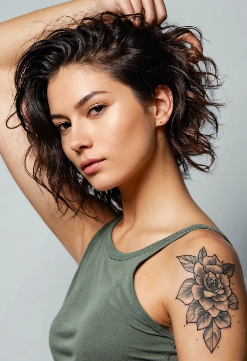 um close up de uma mulher com cabelos longos e desarrumados, messy hair and a tattoo on his arm, morena com cabelos tingidos de loiro, com tatuagens, tatuado, tattoo sleeve on her right arm, Anna Nikonova aka Newmilky, tatuado, Angelina Stroganova, Marischa Becker, Garota sexy, Angie Glock, modelo do instagram, Kaitlyn Michelle Siragusa, Alana Fletcher