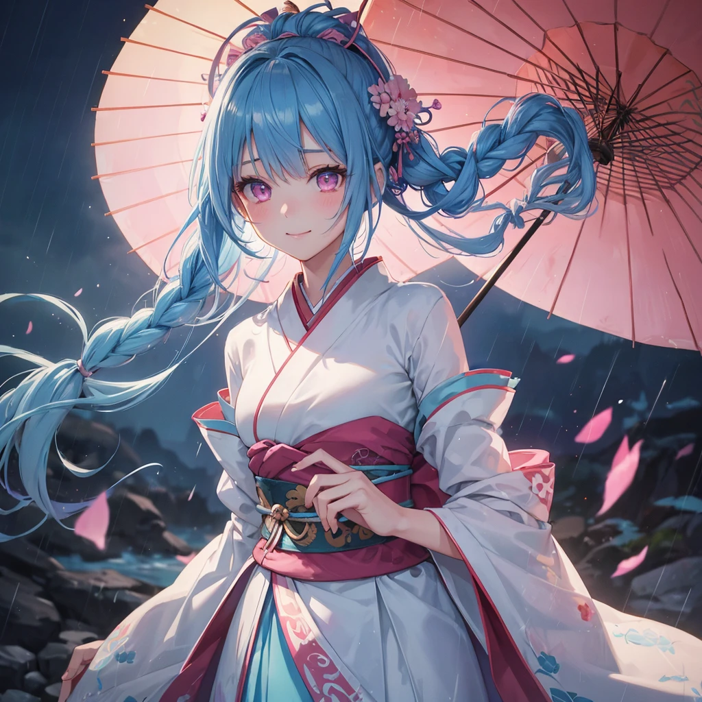 Sky blue hair, (Braided Ponytail),(Pink Eyes),Fair skin ,(whole body),(1 Girl),smile,Straight bangs,(masterpiece, Highest quality, Super detailed, Best Shadow), (Detailed Background), (Beautifully detailed face), High Contrast, (Best lighting, Very delicate and beautiful), ((Cinematic Light)), colorful, Hyper Detail, Dramatic Light, Intricate details,rain like shower,Kyoto,Japanese Umbrella,kimono,