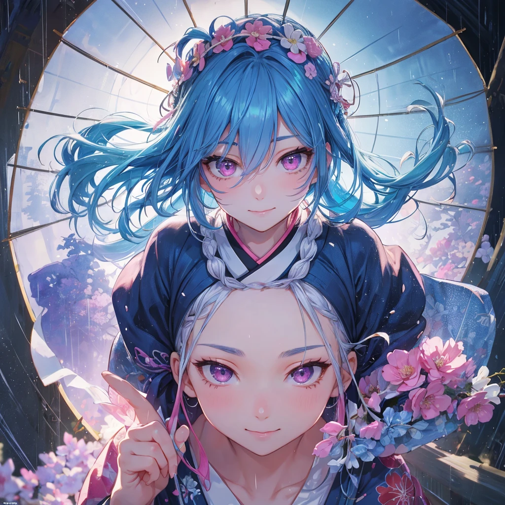 Sky blue hair, (Braided Ponytail),(Pink Eyes),Fair skin ,(whole body),(1 Girl),smile,Straight bangs,(masterpiece, Highest quality, Super detailed, Best Shadow), (Detailed Background), (Beautifully detailed face), High Contrast, (Best lighting, Very delicate and beautiful), ((Cinematic Light)), colorful, Hyper Detail, Dramatic Light, Intricate details,rain like shower,Kyoto,Japanese Umbrella,kimono,