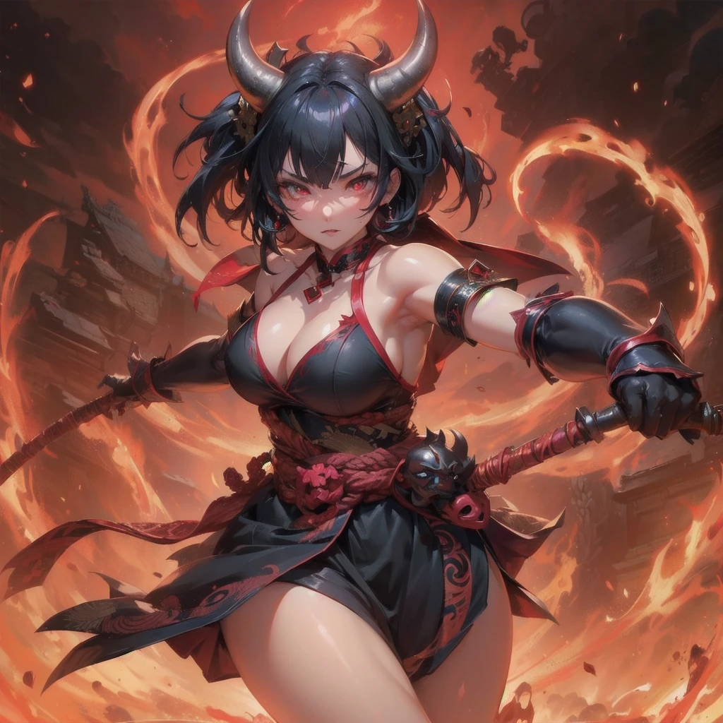 masterpiece, (textured skin), best quality, gorgeous beautiful girl, (a female oni), japanese devil,detailed clothes,large breasts,narrow waist,, (beautiful face), cinematic lighting, (fantasy anime art ),