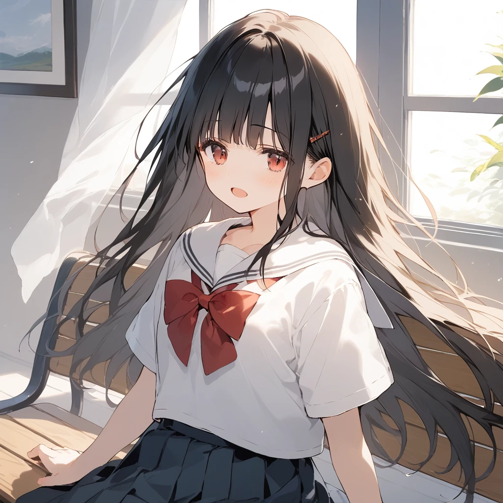 score_9, score_8_up, score_7_up, source_anime, best quality, masterpiece, official art, absurdres, highres, ultra-detailed,waifu2x,Collection: Slice of Life,break,1girl, long hair, straight hair, black hair, blunt bangs, small breasts, beautiful detailed eyes, school_uniform, open mouth, (yawn:0.3), sleepily, sitting, bench, indoors, wind, break,(clear line illustration:1.2),very high resolution, very aesthetic, super detailed skin, Best sexual lighting powered by famous artist, 8k,cute picture,beauty illustration,photoshop_(medium),,(Detailed Lighting),best anime 8k konachan wallpaper, pixiv contest winner,