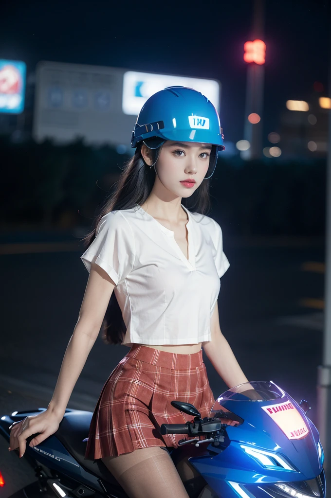 (((best quality))),(((ultra detailed))),(((masterpiece))),illustration,((1 beautiful girl,solo)),((slim,thin,small breasts,flat chest)),shoulder length straight hair,almond-shaped eyes, intense gaze, fair skin, subtle blush, full pink lips, confident smile,(white collared short sleeved shirt:1.3),Windsor knot on neck,((red plaid pleated skirt,slender legs,pantyhose)),deep blue hue, silver accents, form-fitting, low neckline, smooth skin,booties, urban scene, cyberpunk city, neon lights, tall buildings, LED signs, misty glow, dreamy ambiance, night sky, twinkling stars, electric atmosphere,(riding on a motorcycle:1.3), (safety helmet:1.3), vibrant atmosphere