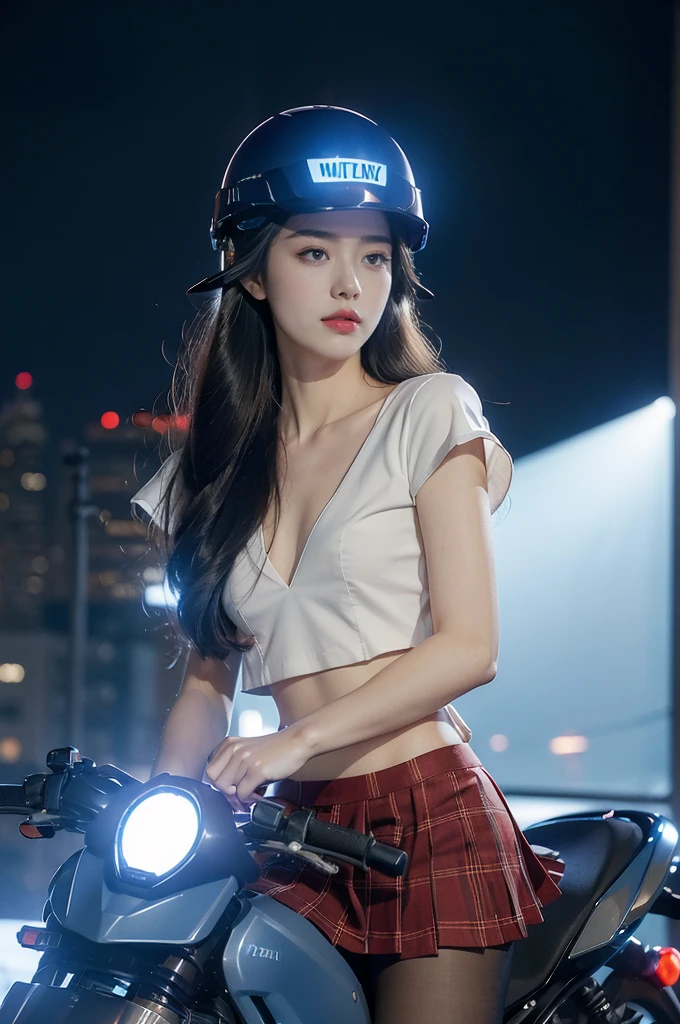 (((best quality))),(((ultra detailed))),(((masterpiece))),illustration,((1 beautiful girl,solo)),((slim,thin,small breasts,flat chest)),shoulder length straight hair,almond-shaped eyes, intense gaze, fair skin, subtle blush, full pink lips, confident smile,(white collared short sleeved shirt:1.3),Windsor knot on neck,((red plaid pleated skirt,slender legs,pantyhose)),deep blue hue, silver accents, form-fitting, low neckline, smooth skin,booties, urban scene, cyberpunk city, neon lights, tall buildings, LED signs, misty glow, dreamy ambiance, night sky, twinkling stars, electric atmosphere,(riding on a motorcycle:1.3), (safety helmet:1.3), vibrant atmosphere