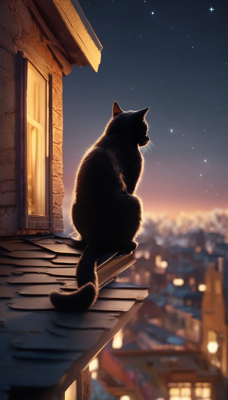 Night view of a cat sitting on a roof and watching the stars, Awesome CGI, By Alexander Kucharski, 4K Wallpapers of Movies, 4K Wallpapers of Movies, Scrap delivery service, 3D Rendering and Matte Painting, A black cat in the city made of yarn, Optimistic Matte Painting, Cinematic shots!, Beautiful cinema lighting, Awesome Wallpapers, Epic movie scenes
