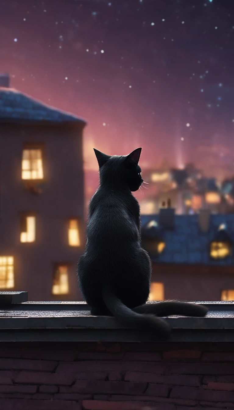 Night view of a cat sitting on a roof and watching the stars, Awesome CGI, By Alexander Kucharski, 4K Wallpapers of Movies, 4K Wallpapers of Movies, Scrap delivery service, 3D Rendering and Matte Painting, A black cat in the city made of yarn, Optimistic Matte Painting, Cinematic shots!, Beautiful cinema lighting, Awesome Wallpapers, Epic movie scenes