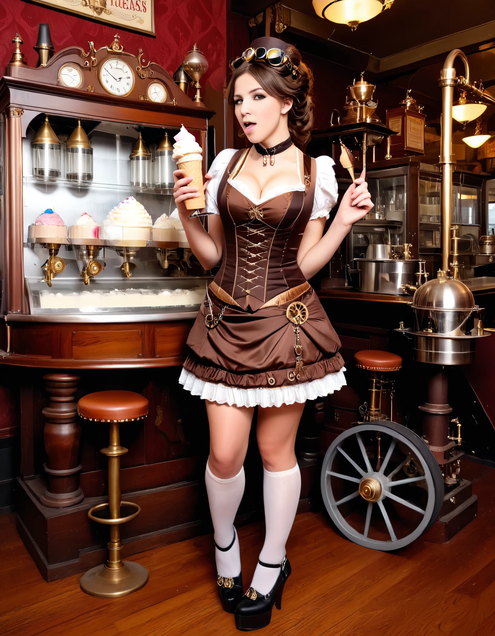 A steampunk girl with gear-adorned dress and mechanical ice cream makers, in a Victorian dessert parlor.
