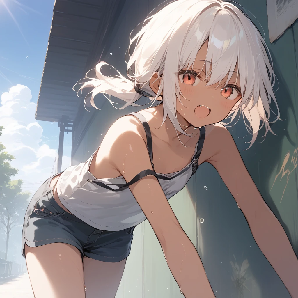 score_9, score_8_up, score_7_up, source_anime, best quality, masterpiece, official art, absurdres, highres, ultra-detailed,waifu2x,Collection: Slice of Life,break,1girl, tomboy, dark-skinned female, short hair, low ponytail, flat chest, beautiful detailed eyes, short shorts, sweat, open mouth, (yawn:0.3), sleepily, outdoors, wind, break,(clear line illustration:1.2),very high resolution, very aesthetic, super detailed skin, Best sexual lighting powered by famous artist, 8k,cute picture,beauty illustration,photoshop_(medium),,(Detailed Lighting),best anime 8k konachan wallpaper, pixiv contest winner,