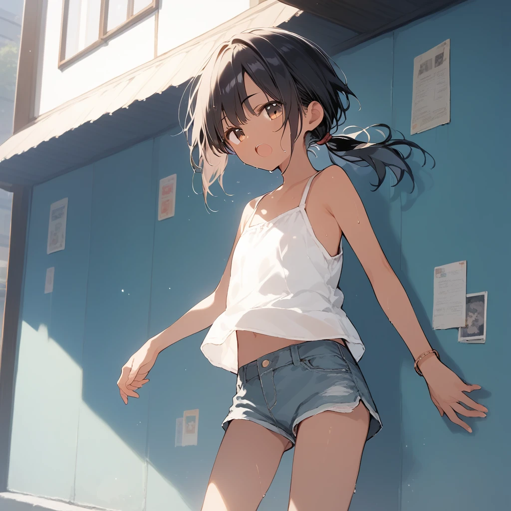 score_9, score_8_up, score_7_up, source_anime, best quality, masterpiece, official art, absurdres, highres, ultra-detailed,waifu2x,Collection: Slice of Life,break,1girl, tomboy, dark-skinned female, short hair, low ponytail, flat chest, beautiful detailed eyes, short shorts, sweat, open mouth, (yawn:0.3), sleepily, outdoors, wind, break,(clear line illustration:1.2),very high resolution, very aesthetic, super detailed skin, Best sexual lighting powered by famous artist, 8k,cute picture,beauty illustration,photoshop_(medium),,(Detailed Lighting),best anime 8k konachan wallpaper, pixiv contest winner,