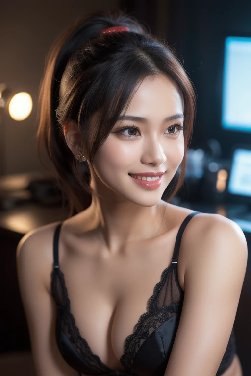 a gorgeous busty woman, ponytail, topless, lingerie, beautiful smile, beautiful detailed teeth, pov, lover, cinematic dramatic lighting, (best quality,4k,8k,highres,masterpiece:1.2),ultra-detailed,(realistic,photorealistic,photo-realistic:1.37),HDR,UHD,studio lighting,ultra-fine painting,sharp focus,physically-based rendering,extreme detail description,professional,vivid colors,bokeh,portrait,photorealistic,cinematic