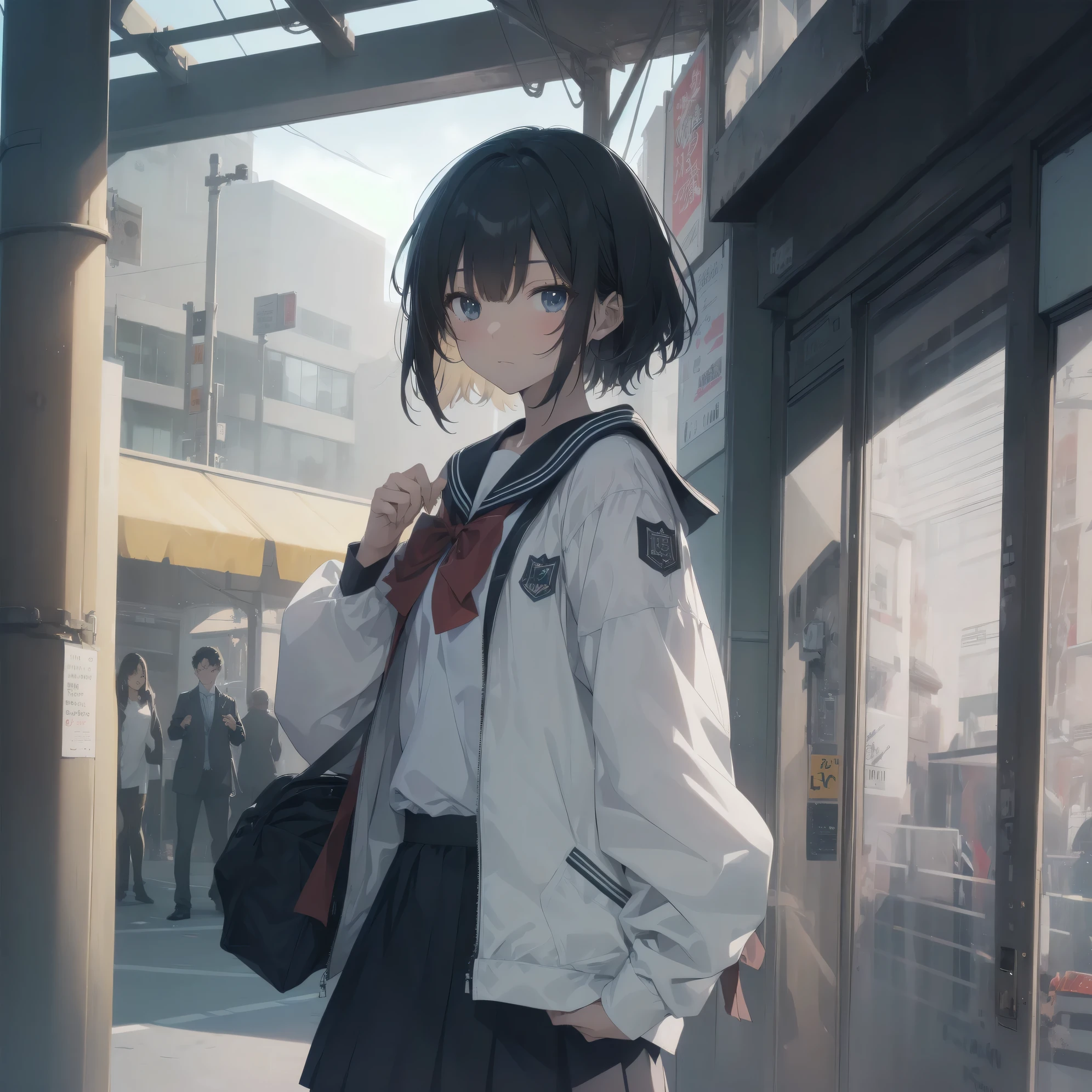 ultra-absurdres-Top quality by artist God, ultra-detailed, high resolution, anime moe artstyle, best anime 8k konachan wallpaper, pixiv contest winner, pool:2810, perfect anatomy,break, 1girl, (Please draw a girl walking sleepily to school alone. )break,(Solo,little female, 13-year-old:1.3),Full limbs, complete fingers,a junior high school student, (very short hair), short cut, flat chest, , small butt, small black eyes, beautiful detailed eyes, well-proportioned iris and pupils, expressive eyes, highres detailed hair, soft expression, salor school_uniform, sailor collar, serahuku, bow, pleated skirt,(Detailed Lighting), (Detailed background), in the School commute route. break,super detailed skin, Best cinematic lighting powered by famous artist, 8k,beauty illustration,photoshop_(medium),very aesthetic,break,((artist:toosaka_asagi )), artist:clamp ,artist:carnelian ,artist:kantoku ,

