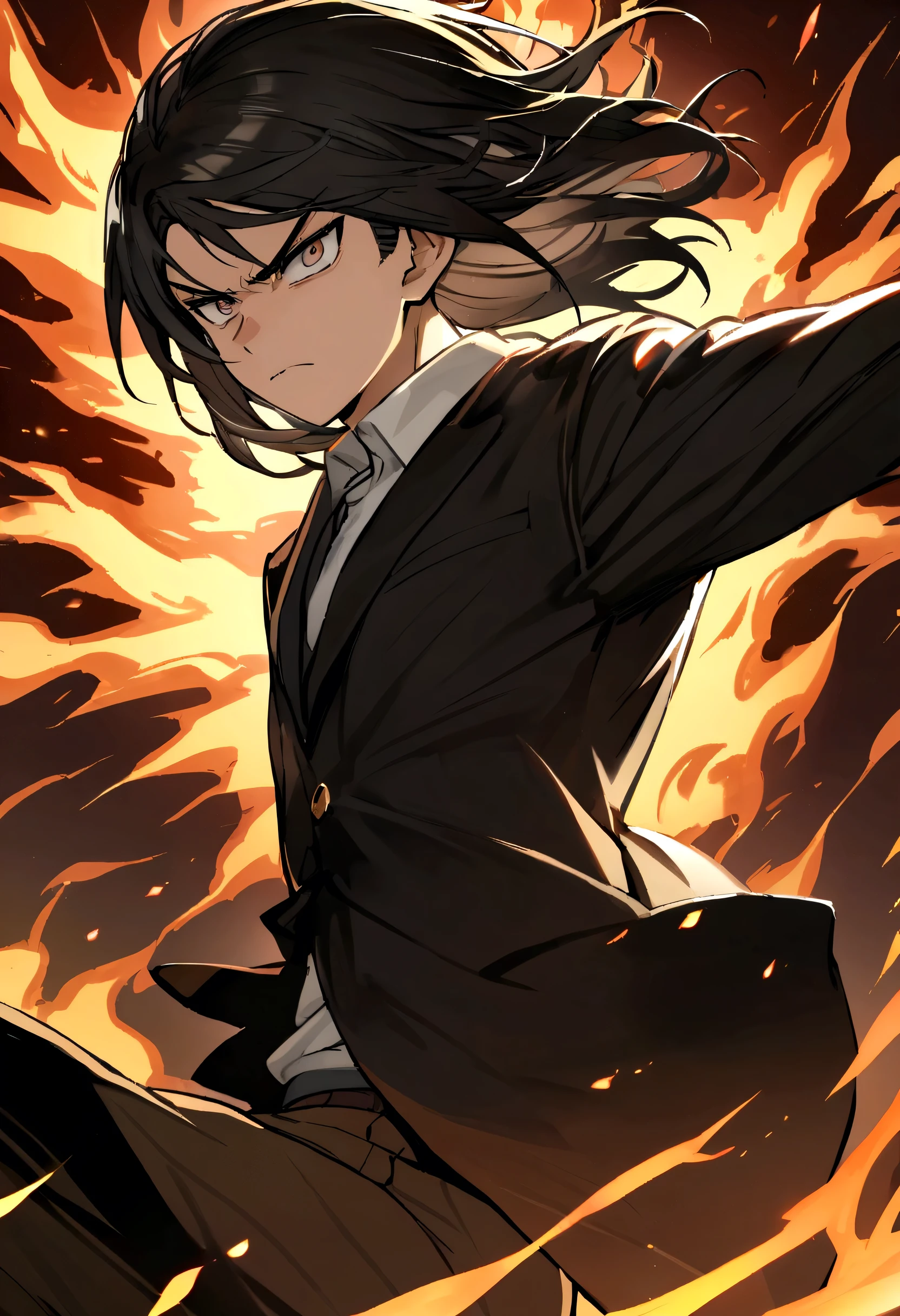Teenage boy, tidy hair, Medium length hair, Bblack hair, serious face, eyes black, white school shirt, black school jacket, Brown pants, black dress shoes