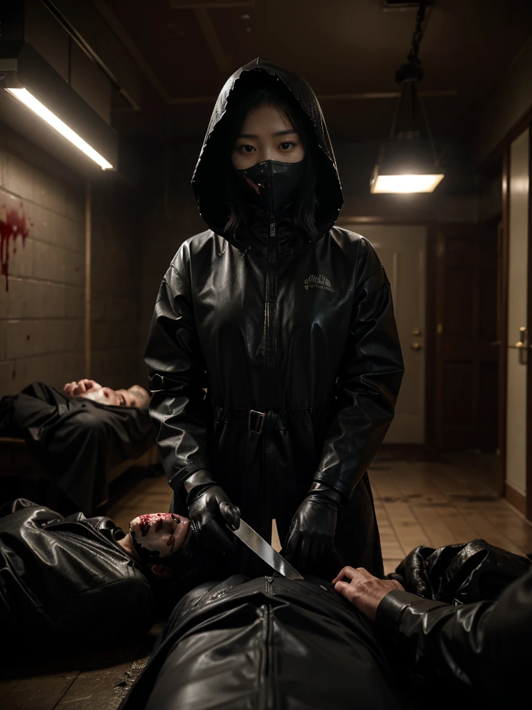 korean girl, (behind corpse, surgical mask), multiple girls, holding knife, stabbing, black raincoat, leather gloves, hood up, room full of blood, black wet suit, holding knife, leather gloves, behind corpse, blood splatter, short hair, night, mass murderer, robbery, in the house, dark atmosphere, cinematic lighting, atmospheric realistic,