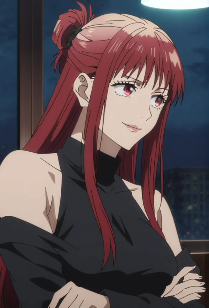 1girl, female gojo satoru, anime screencap from jujutsu kaisen, gojo satoru female version, solo, long_hair, red eyes ((red_hair)), night view, breasts, upper_body, smile, indoors, book, bangs, red_eyes, lips, ((her hairstyle : The character in the image has long straight red hair)) wearing black dress, bare shoulder, breast, "very detailed and high resolution" (red eyes) ((cross arms))  ((long hair)) ((solo))
