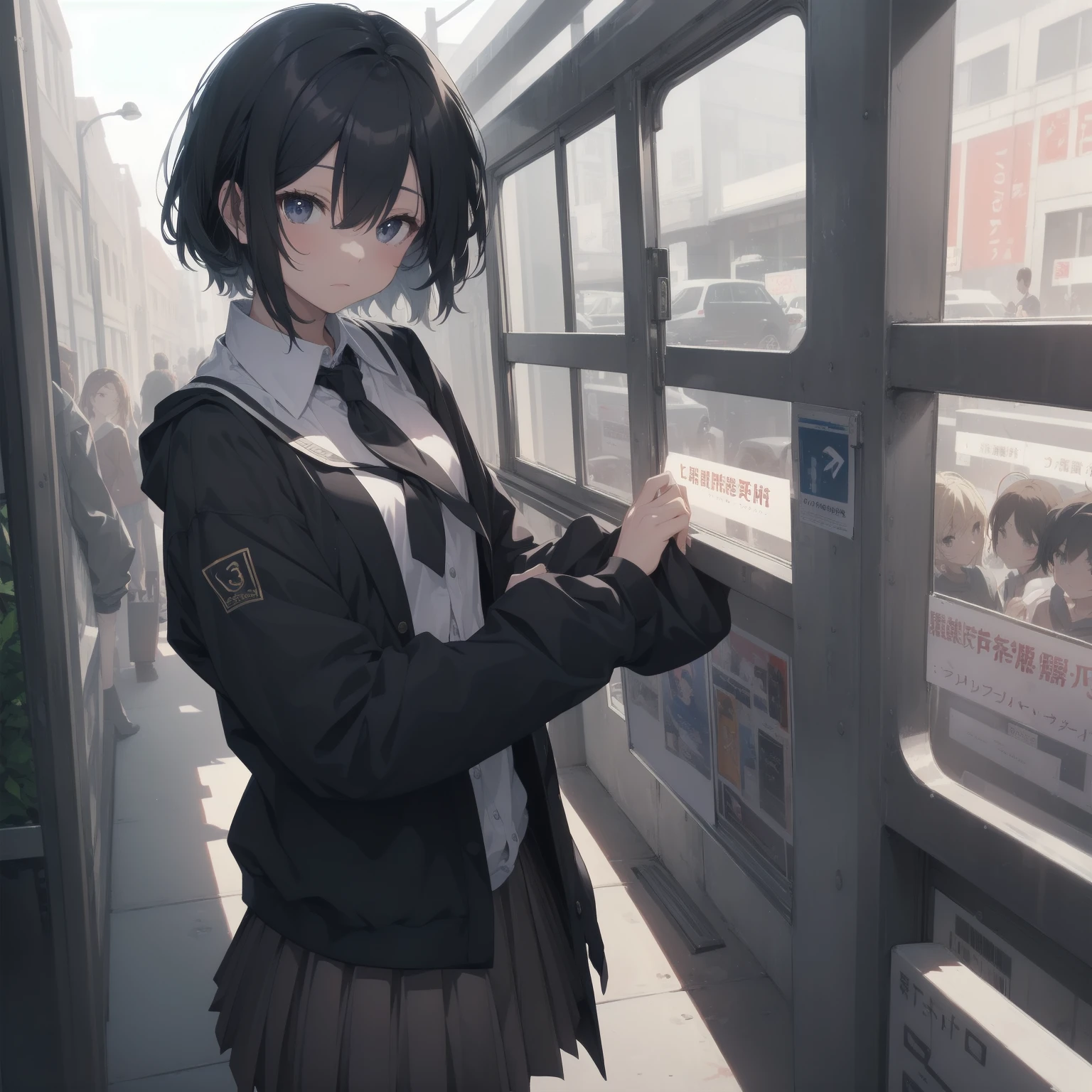 ultra-absurdres-Top quality by artist God, ultra-detailed, high resolution, anime moe artstyle, best anime 8k konachan wallpaper, pixiv contest winner, pool:2810, perfect anatomy,break, 1girl, (Please draw a girl walking sleepily to school alone. )break,(Solo,little female, 13-year-old:1.3),Full limbs, complete fingers,a junior high school student, (very short hair), short cut, flat chest, , small butt, small black eyes, beautiful detailed eyes, well-proportioned iris and pupils, expressive eyes, highres detailed hair, soft expression, salor school_uniform, sailor collar, serahuku, bow, pleated skirt,(Detailed Lighting), (Detailed background), in the School commute route. break,super detailed skin, Best cinematic lighting powered by famous artist, 8k,beauty illustration,photoshop_(medium),very aesthetic,break,((artist:toosaka_asagi )), artist:clamp ,artist:carnelian ,artist:kantoku ,