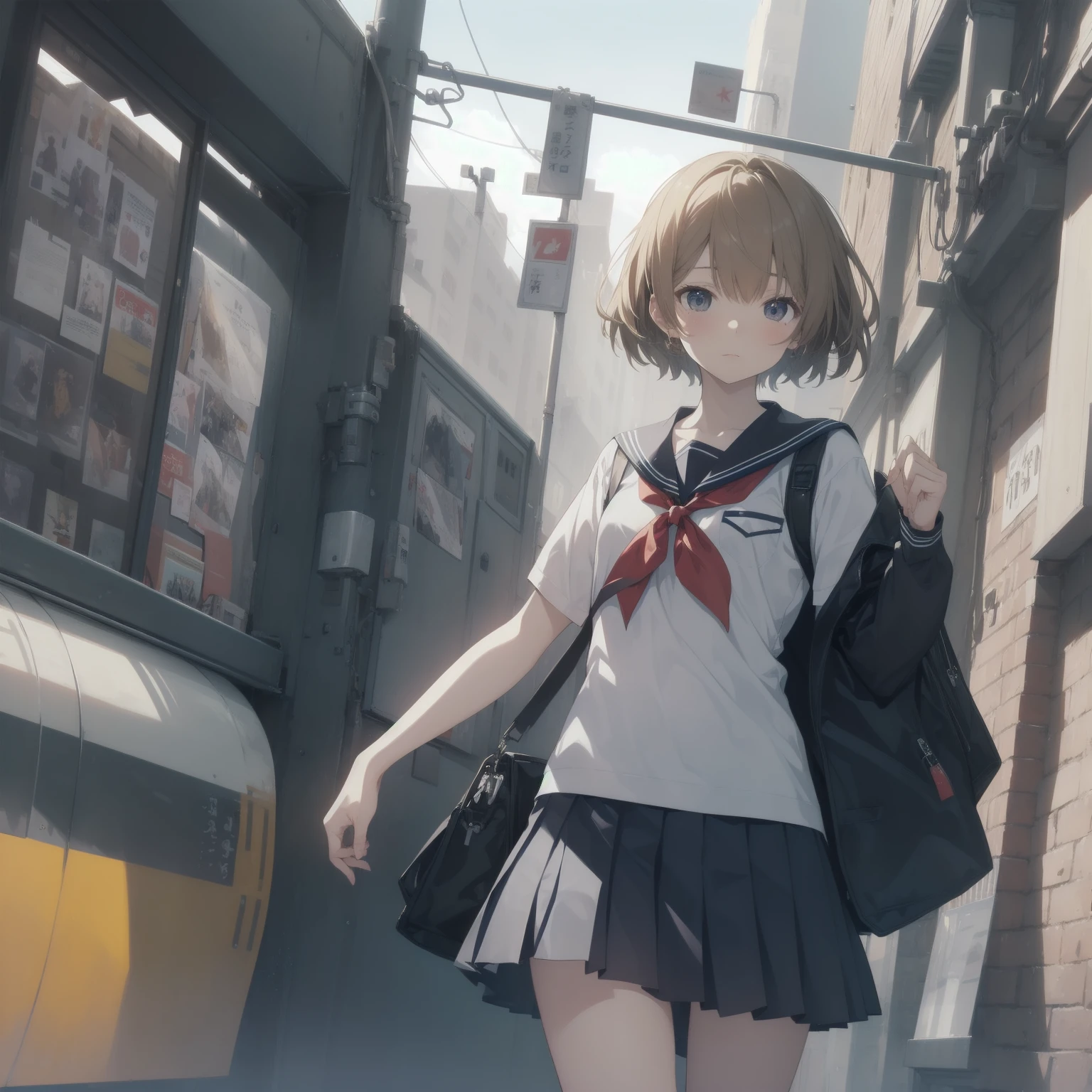 ultra-absurdres-Top quality by artist God, ultra-detailed, high resolution, anime moe artstyle, best anime 8k konachan wallpaper, pixiv contest winner, pool:2810, perfect anatomy,break, 1girl, (Please draw a girl walking sleepily to school alone. )break,(Solo,little female, -yeld:1.Full limbs, complete fingers,a junior hihort hair), short cut, flat chest, , small butt, small black eyes, beautiful detailed eyes, well-proportioned iris and pupils, expressive eyes, highres detailed hair, soft expression, salor school_uniform, sailor collar, serahuku, bow, pleated skirt,(Detailed Lighting), (Detailed background), in the School commute route. break,super detailed skin, Best cinematic lighting powered by famous artist, 8k,beauty illustration,photoshop_(medium),very aesthetic,break,((artist:toosaka_asagi )), artist:clamp ,artist:carnelian ,artist:kantoku ,
